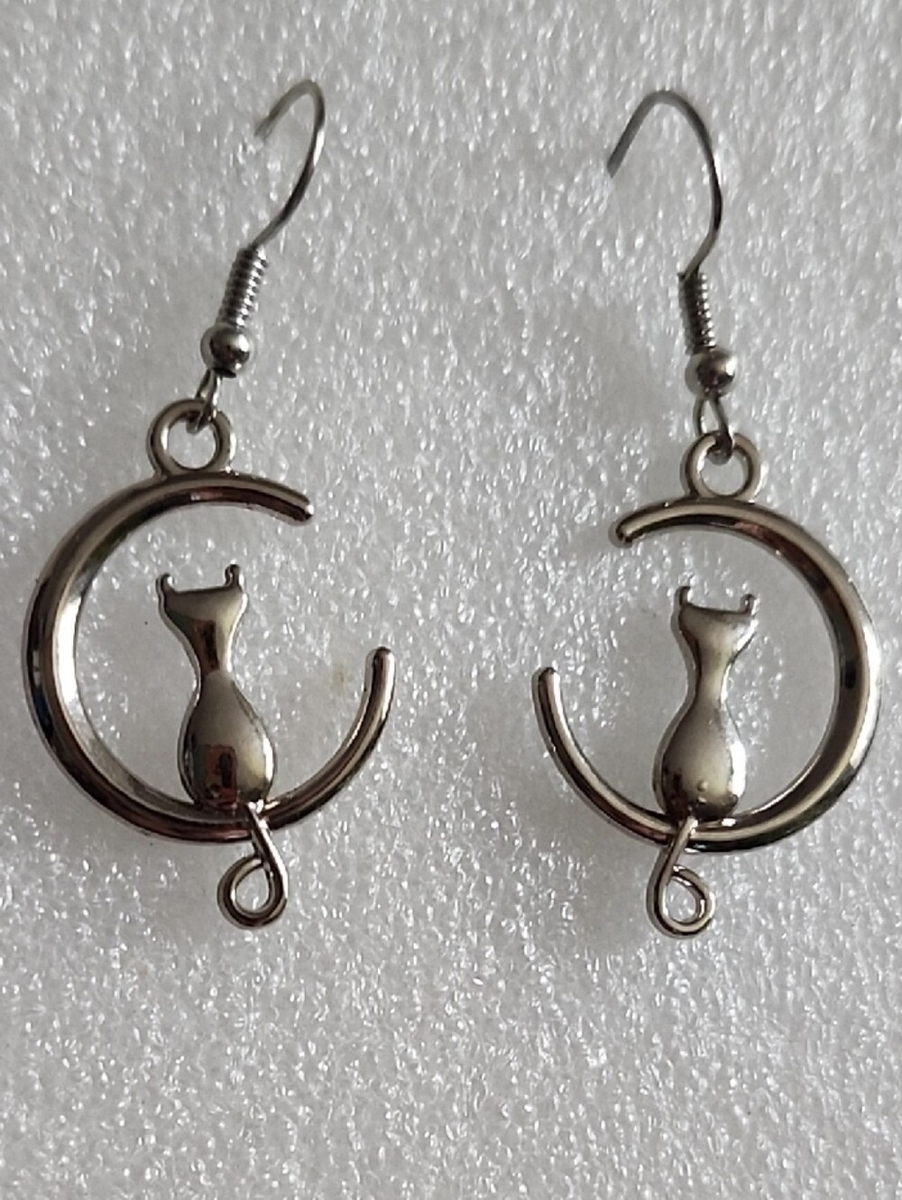 Hand Crafted Silver Cat in Crescent Moon Drop Earrings